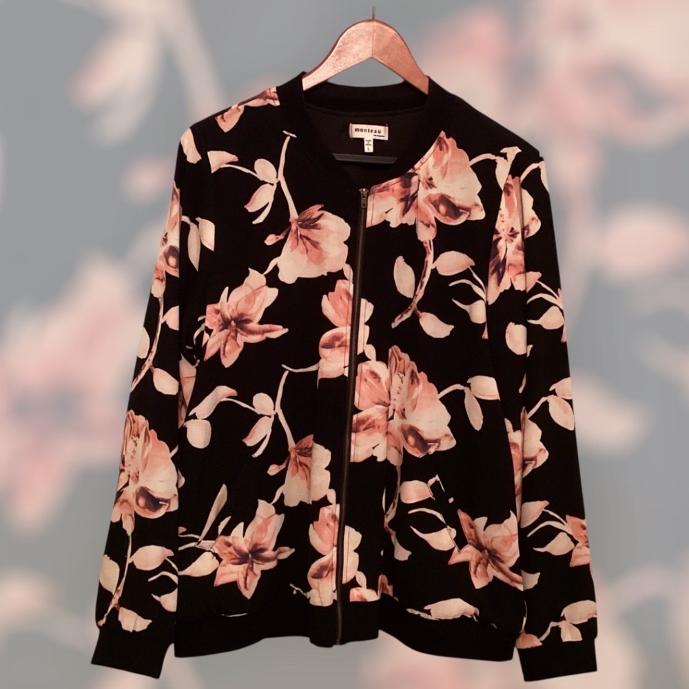 NWOT Monteau Black Floral Bomber Jacket Lightweight Zip Up Womens Size L